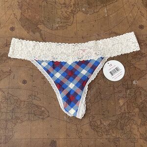 XL - NWT Splendies blue, red, and white plaid.  Lace waist. thong panty. Cotton.